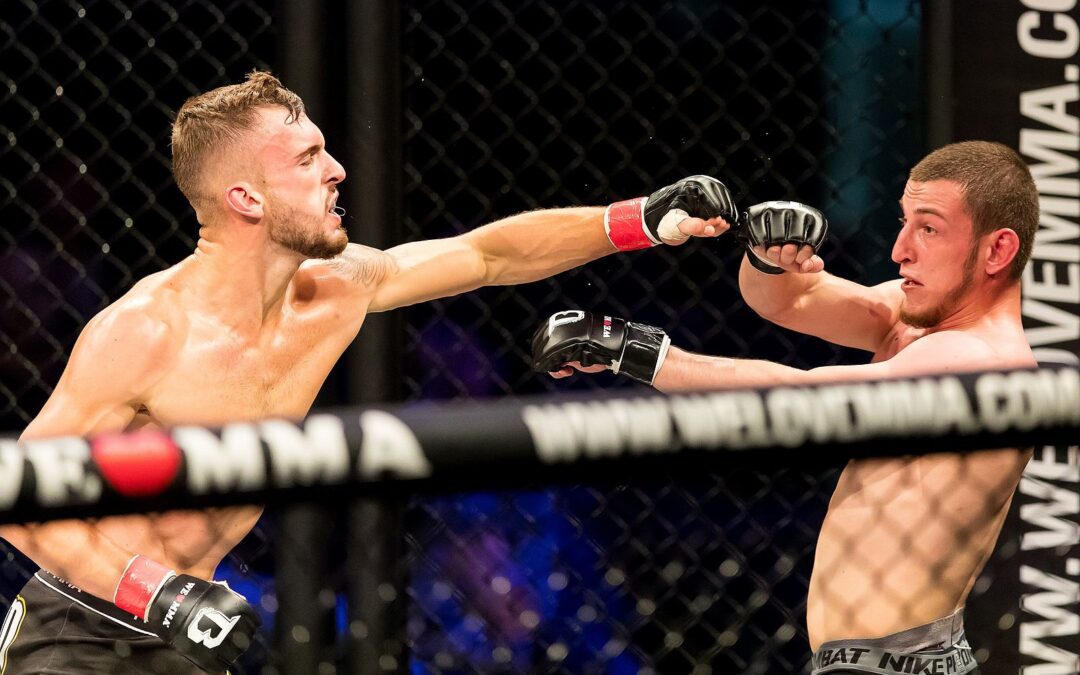 Deux combattants de MMA s'affrontant dans un octogone. Crédit : Wikimedia Commons.